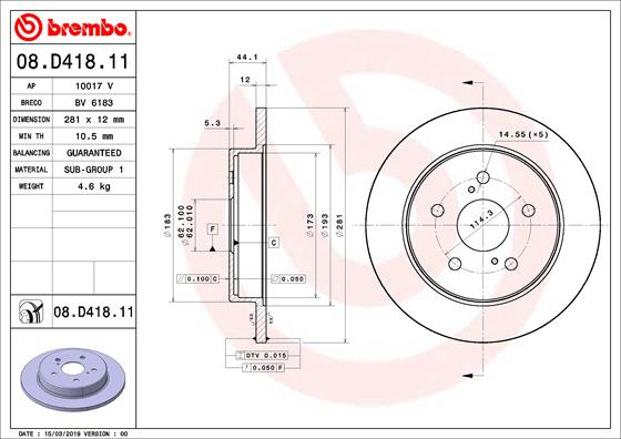 ДИСК ТОРМОЗНОЙ ЗАДНИЙ (281-5) (TOYOTA C-HR 16-RAV 4 V 18-) UV ПОКРЫТИЕ