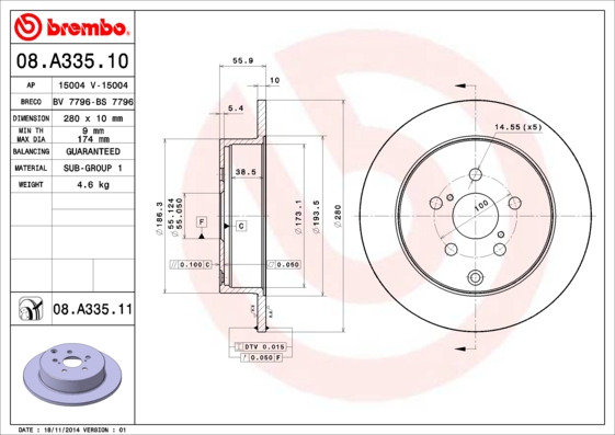 ДИСК ТОРМОЗНОЙ ЗАДНИЙ-(280-5)-(TOYOTA AVENSIS 03>08 1.6-2.0-2.0 D4D)