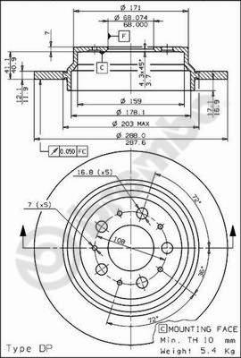 ДИСК ТОРМОЗНОЙ ЗАДНИЙ VOLVO S60 (01-10) S70 (01-05) S80 (98-06) XC70 (00-07) (288x12x5DL) (DELYKLY) 986478495-DF4066