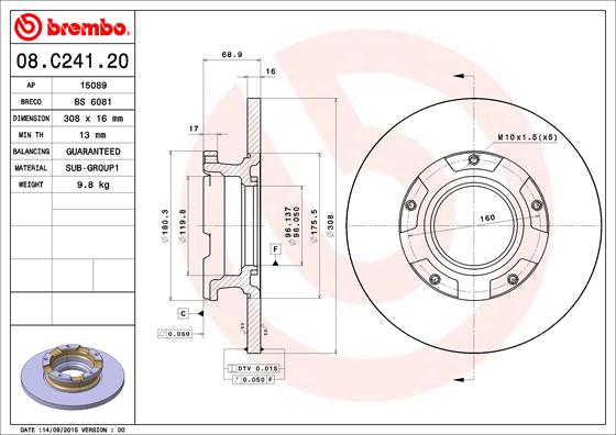 ДИСК ТОРМОЗНОЙ ЗАДНИЙ TRANSIT CUSTOM V362 12> ( ABSLI) O.CEKER CAP (308?16)