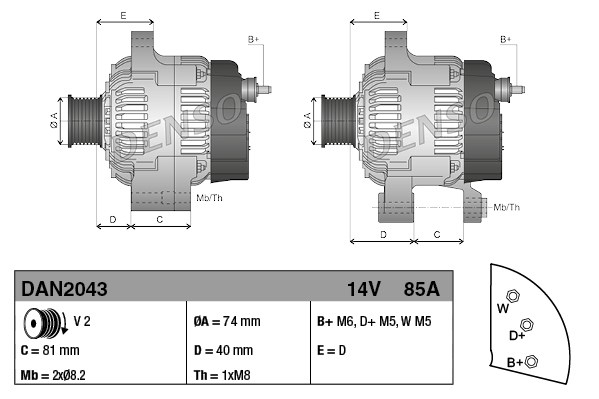 ГЕНЕРАТОР ПЕРЕМЕННОГО ТОКА  DAN2043 ALT A115 14V 85A