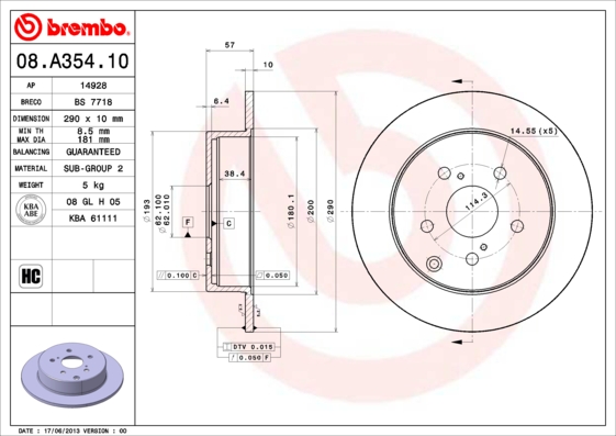 ДИСК ТОРМОЗНОЙ ЗАДНИЙ-(290-5)-(TOYOTA COROLLA-VERSO 04>> 1.6-1.8-2.0D4D-2.2D4D)